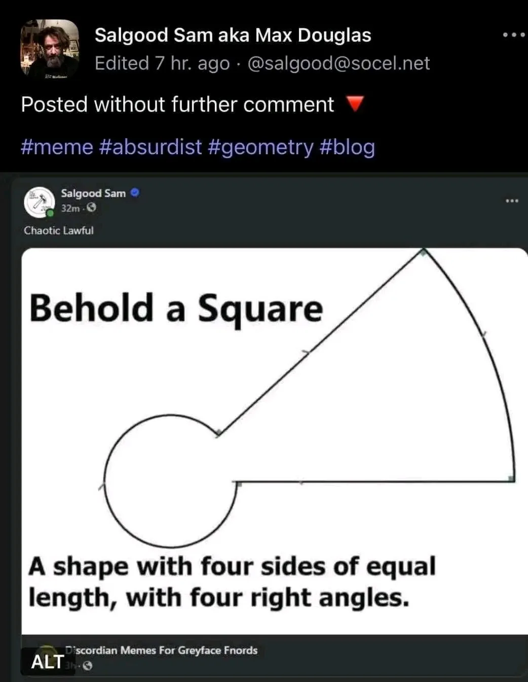 The image displays a meme featuring a distorted geometric figure labeled 'Behold a Square,' which visually resembles a…