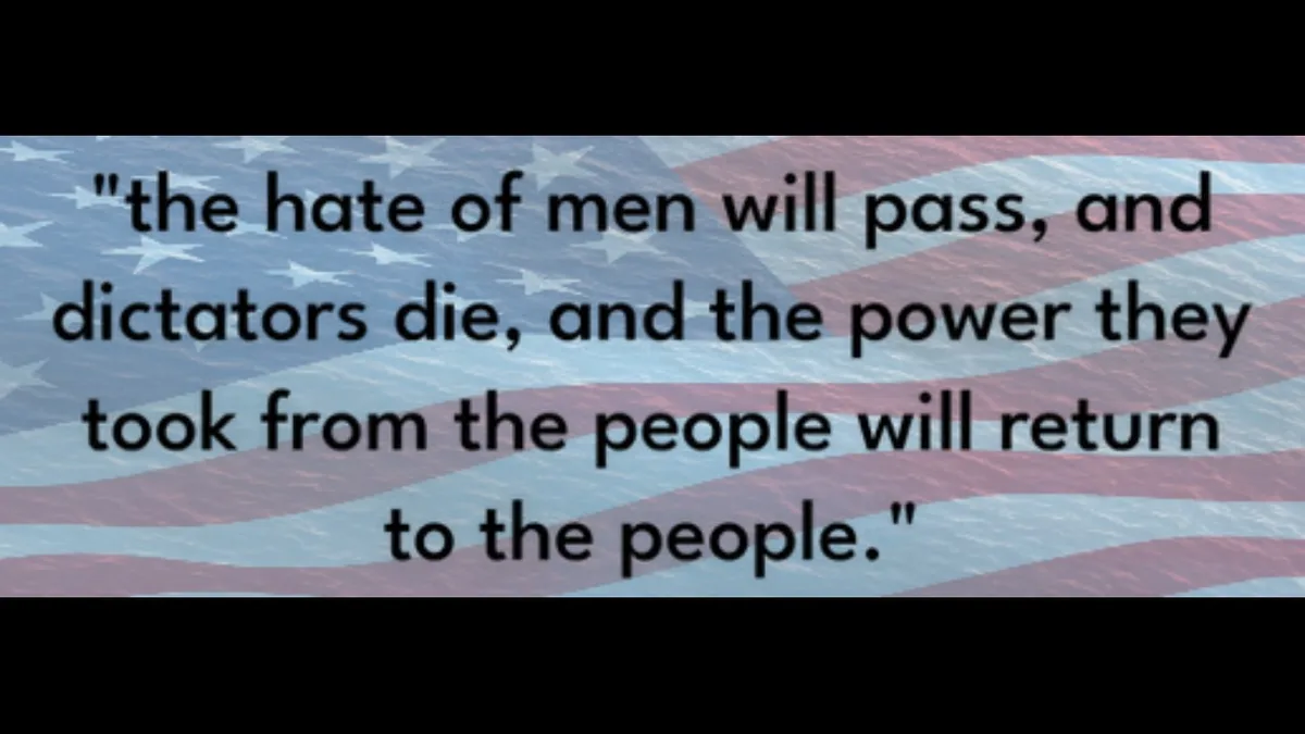 The image displays a quote in black text over a faded American flag background. The quote reads: "the hate of men will pass…