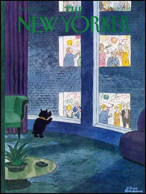 A black cat with a yellow collar stands inside a dimly lit room, gazing out a large window at several colorful, cartoonish…