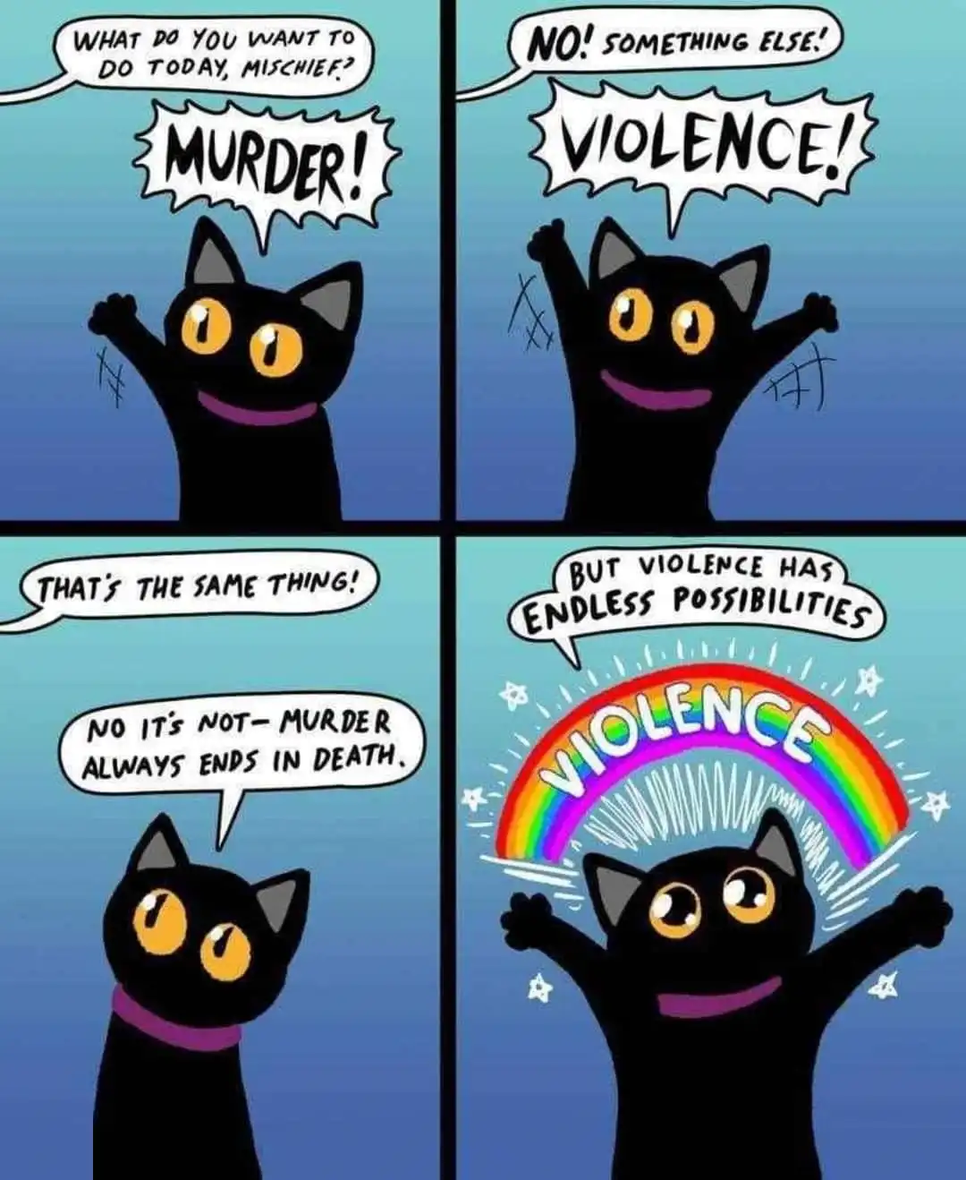 A four-panel comic featuring a black cartoon cat with yellow eyes and a purple collar. In the first panel, the cat is asked…