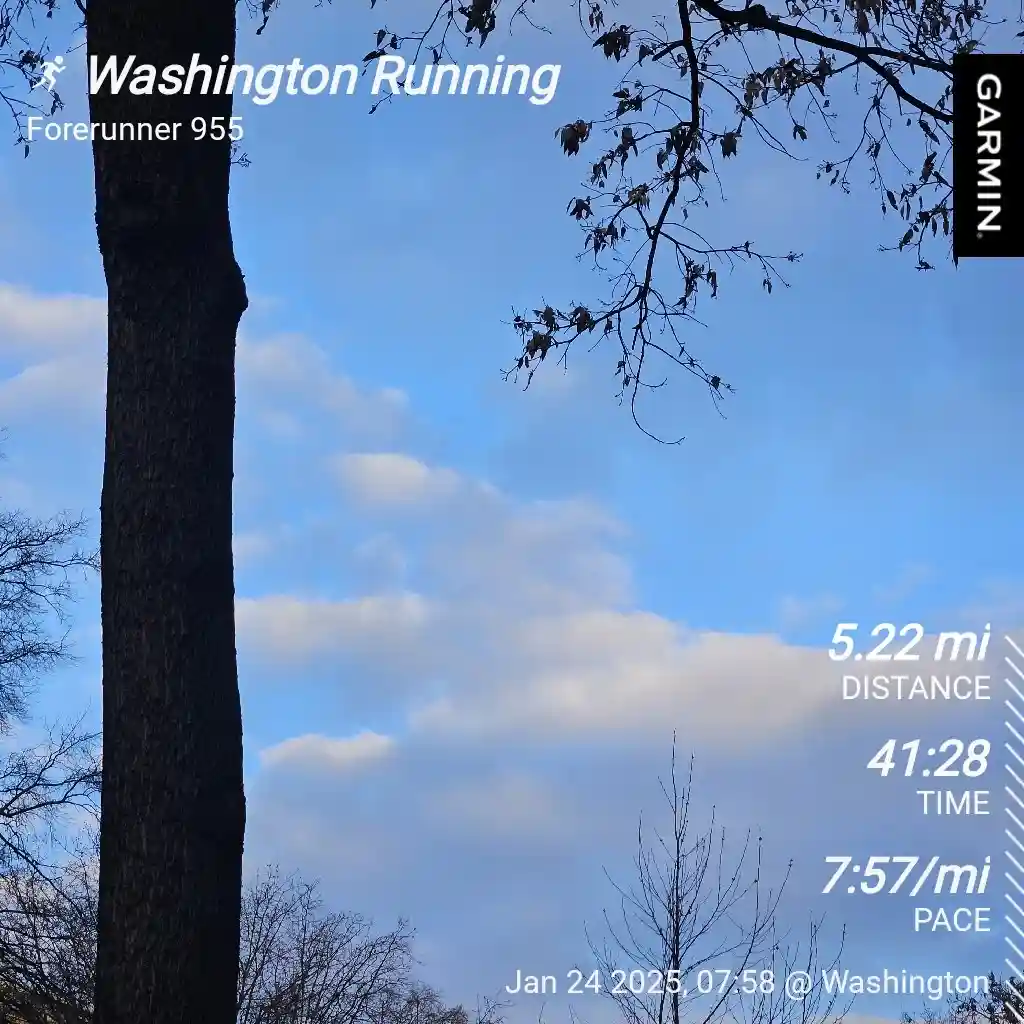 A screenshot of a Garmin Forerunner 955 running watch displaying a workout summary: 5.22 miles distance, 41:28 time, and…