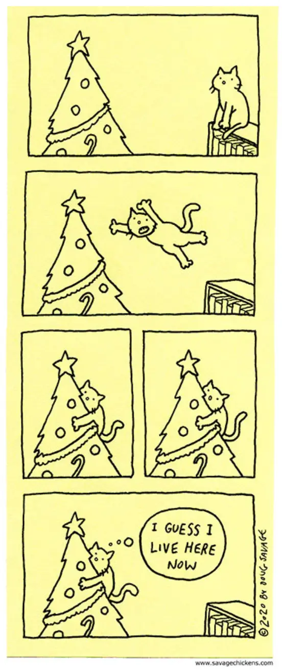 A four-panel comic strip shows a cat sitting on a bookshelf, leaping toward a decorated Christmas tree, climbing it, and…