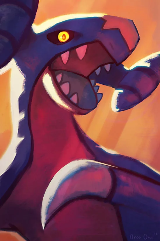 A stylized illustration of the Pokémon Gyarados with a fierce, open-mouthed expression, glowing yellow eye, and sharp teeth…