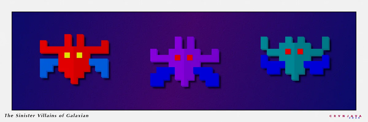 Three pixelated alien ships from the arcade game Galaxian are shown side-by-side against a dark purple background. The left…