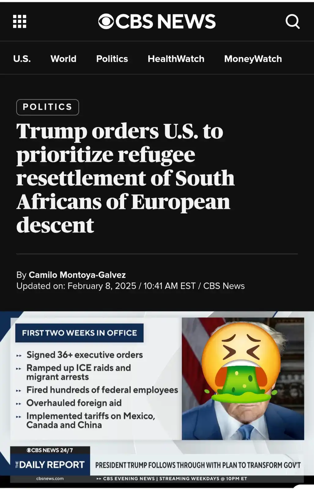 A screenshot of a CBS News article with a fake headline about Trump ordering resettlement of South Africans of European…