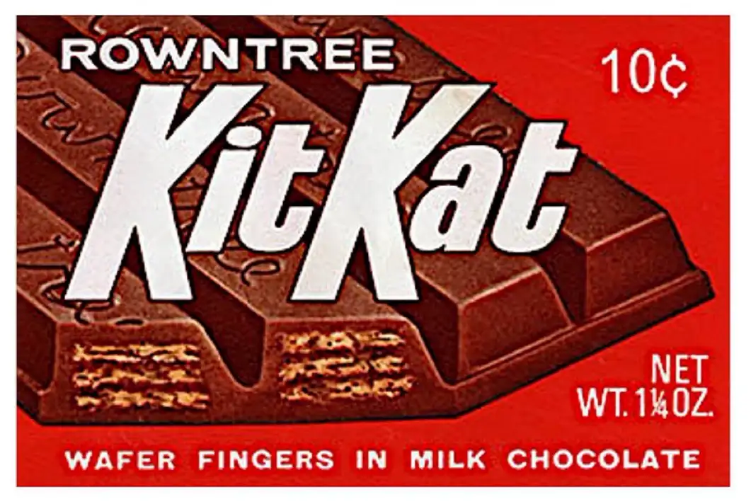 A vintage 1930s Rowntree KitKat chocolate bar wrapper shows a broken bar revealing wafer fingers in milk chocolate, priced…