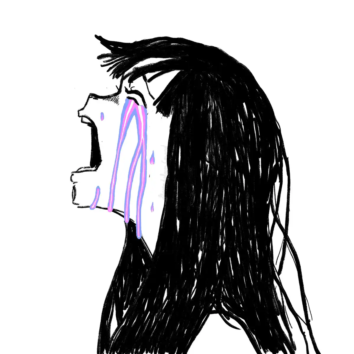 A simple black-and-white sketch shows a person in profile with long black hair, mouth open as if screaming, and large…