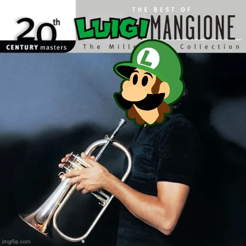 A man in a black t-shirt holds a silver trumpet against a dark background. His head is replaced with a cartoon Luigi from…