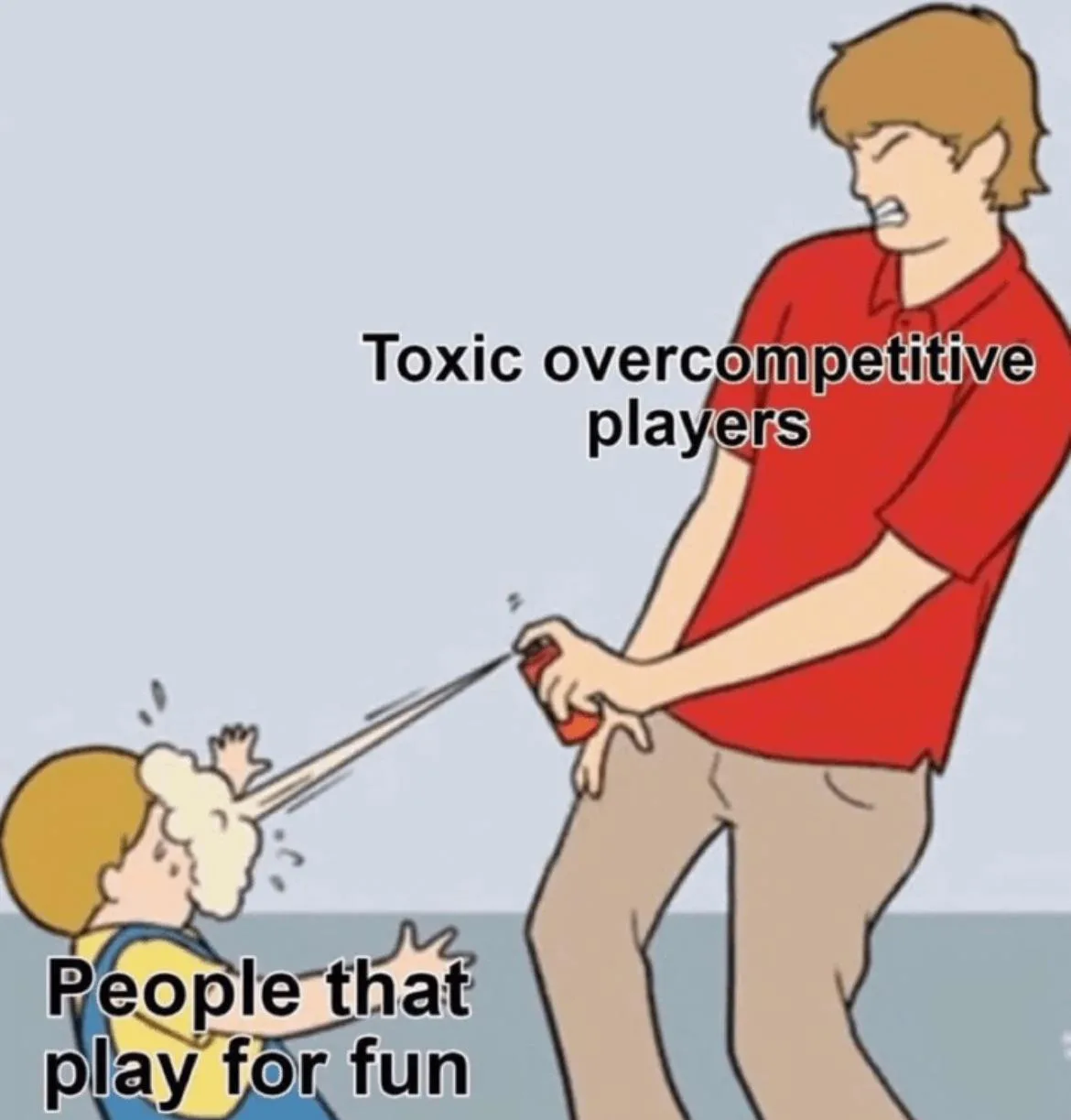 A cartoon depicts a tall man in a red shirt spraying a smaller child in overalls with a can of whipped cream. Text labels…