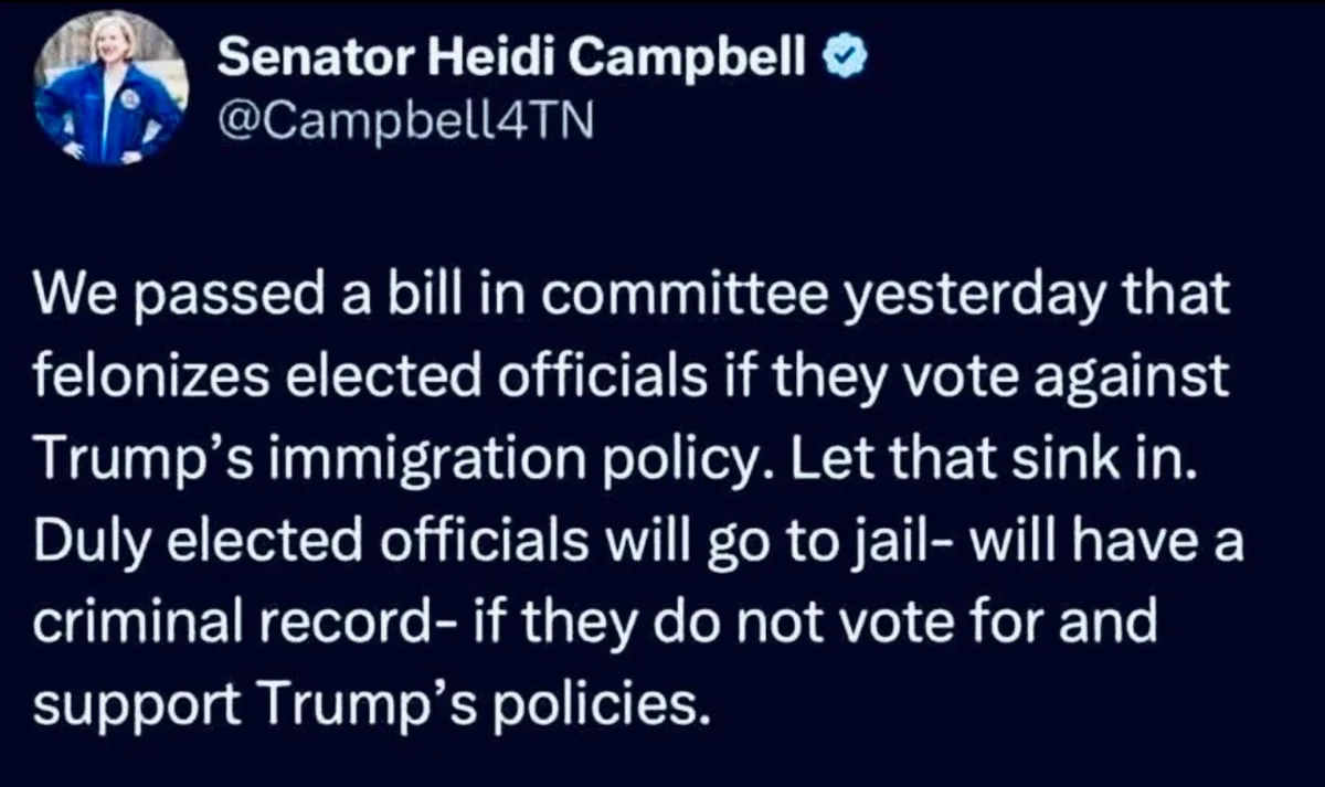 A screenshot of a tweet from Senator Heidi Campbell (@Campbell4TN) announcing a bill that would make it a felony for elected…