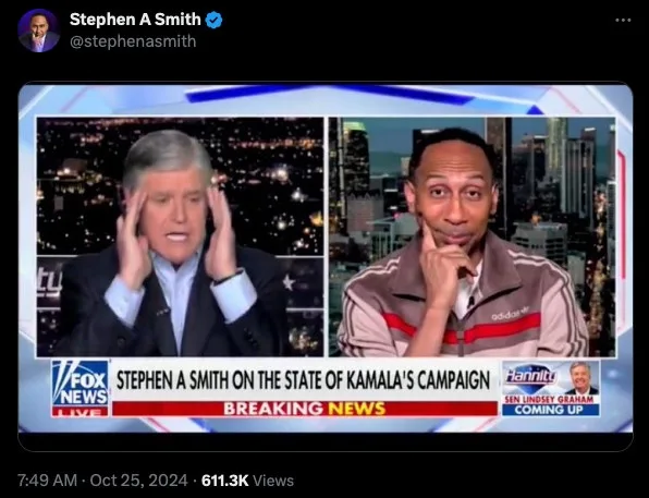 A screenshot of a Fox News broadcast shows Stephen A Smith on the left with his hands on his head in apparent frustration…