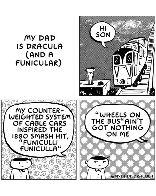 A four-panel comic strip where a father figure, depicted as a funicular train with fangs, greets his son. The son explains…