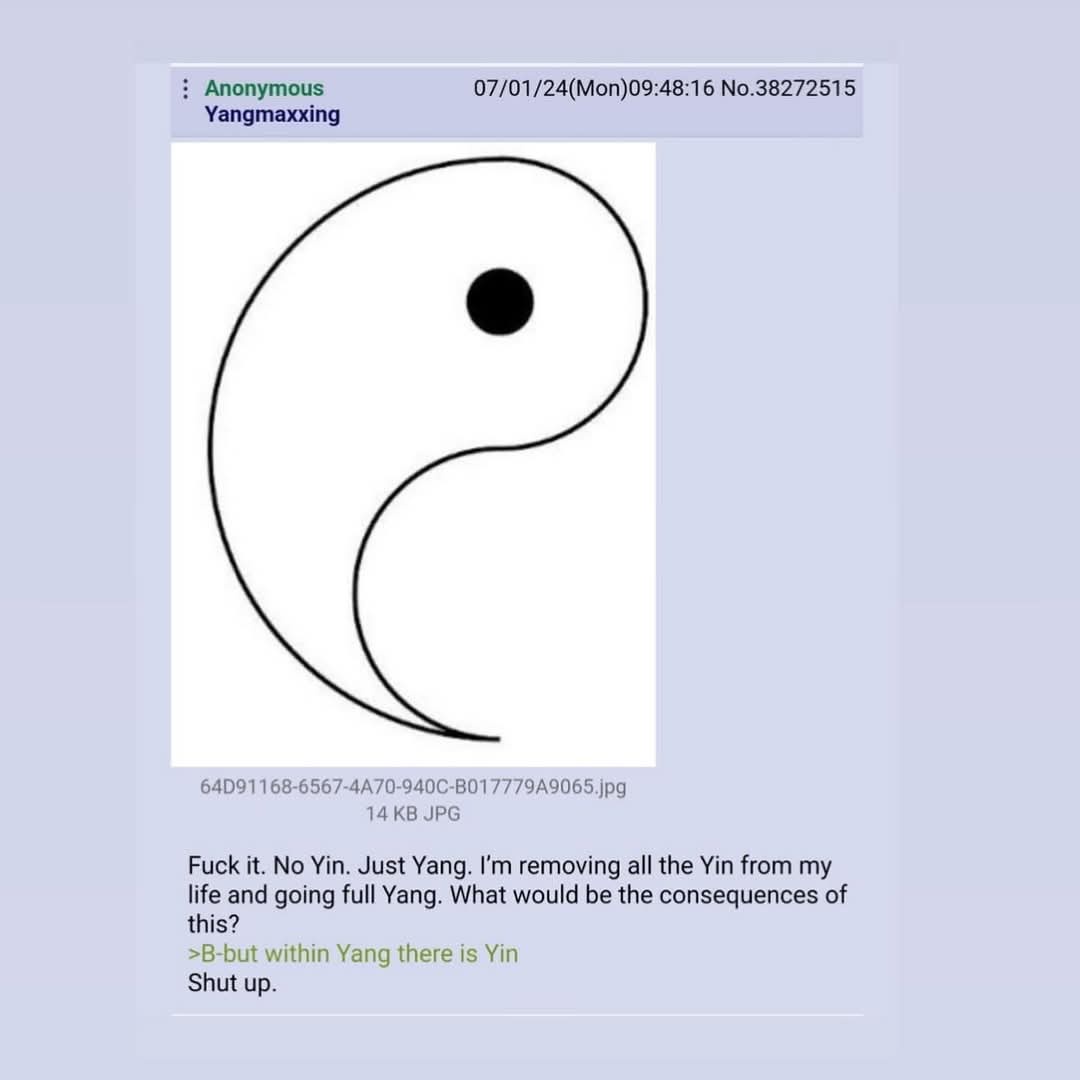 The image displays a standard black and white yin-yang symbol. Overlaid text shows a user declaring they are removing all…