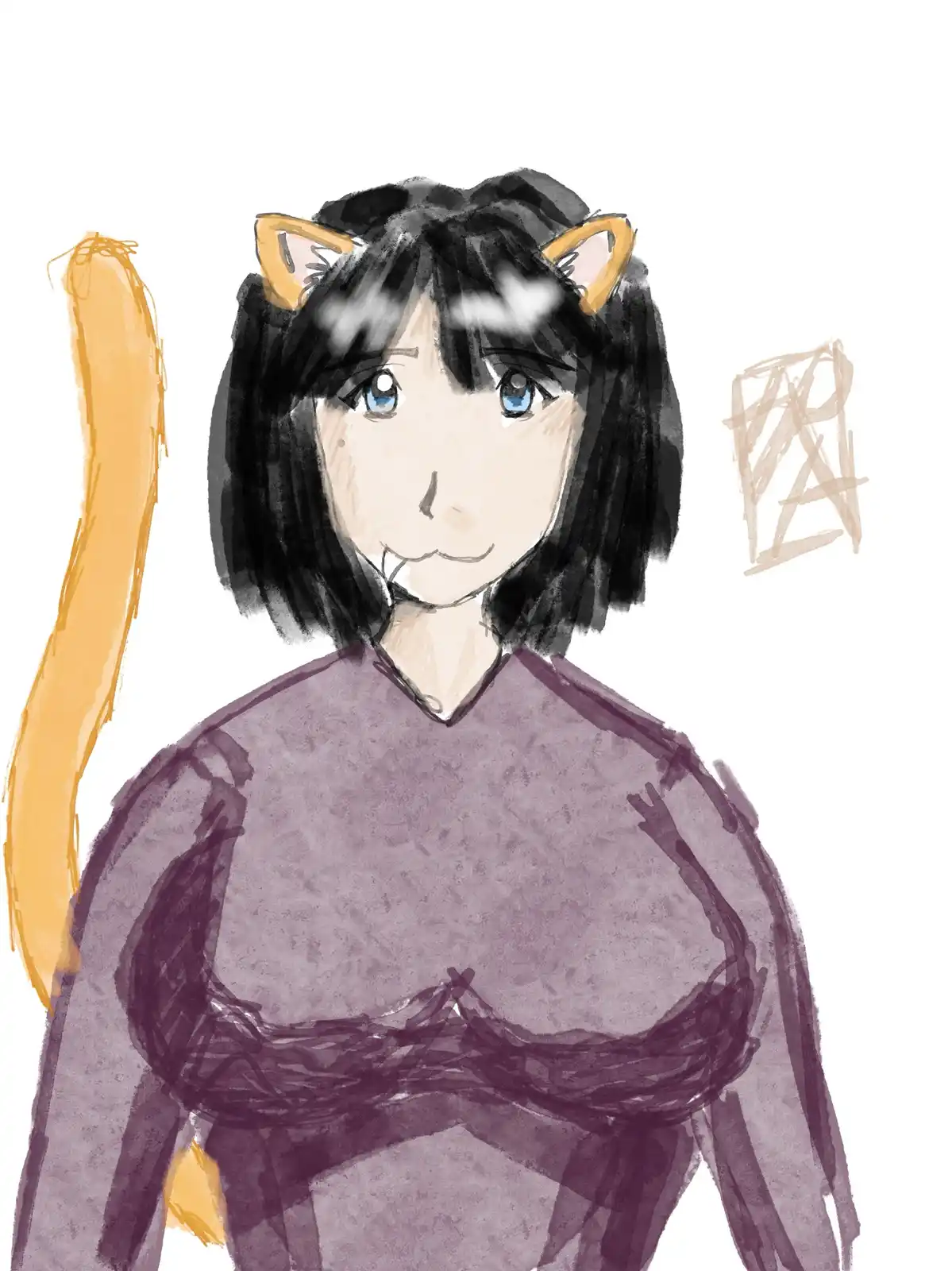 A hand-drawn anime-style illustration of a person with short black hair, blue eyes, and cat ears and tail, wearing a purple…
