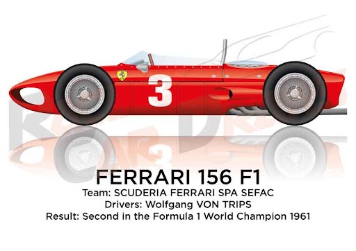 A red vintage Ferrari 156 F1 race car, number 3, is shown in profile with a reflective surface below. Overlaid text reads…