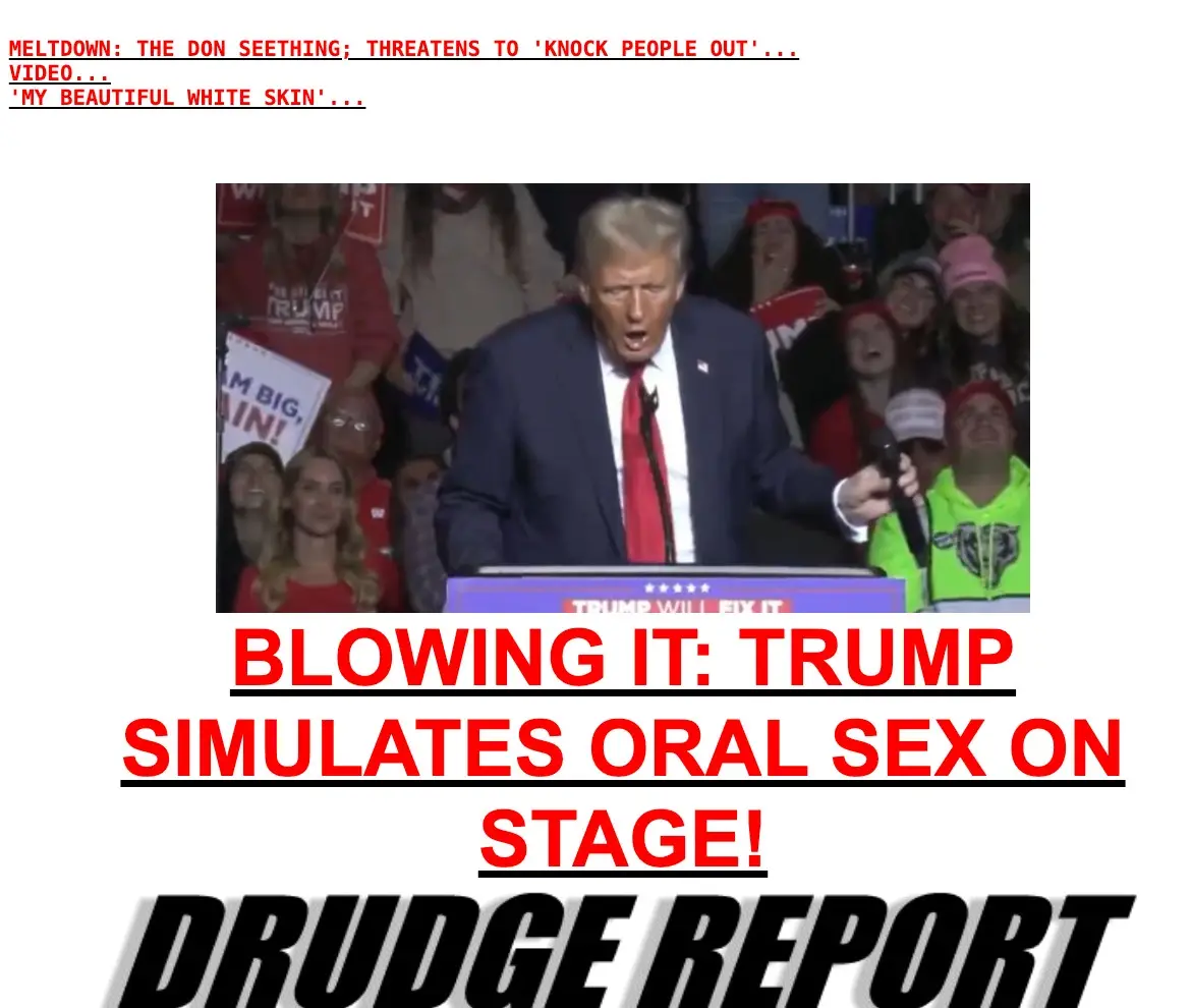 A still image of Donald Trump speaking at a rally, surrounded by supporters holding signs. Overlaid red text at the top…