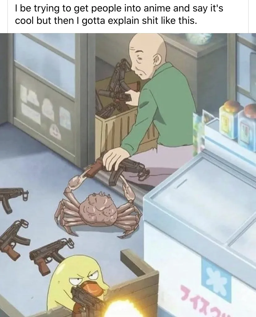 An anime scene shows a bald man in a green shirt holding a gun while a crab with multiple guns strapped to its claws stands…