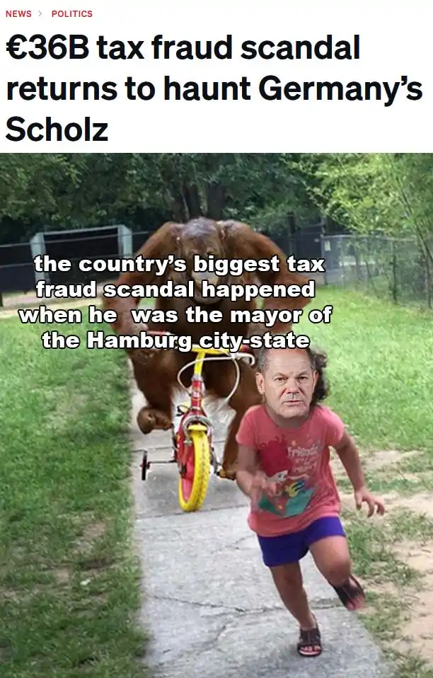 A news headline reads '€36B tax fraud scandal returns to haunt Germany's Scholz'. Below, a child in a pink shirt and blue…