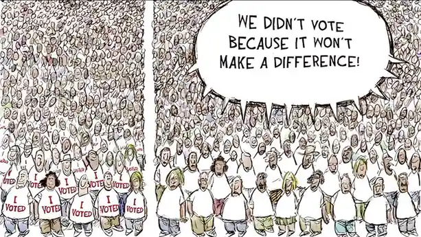 The image shows two panels of a cartoon. In the left panel, a large crowd of people wearing 'I VOTED' shirts smiles and…