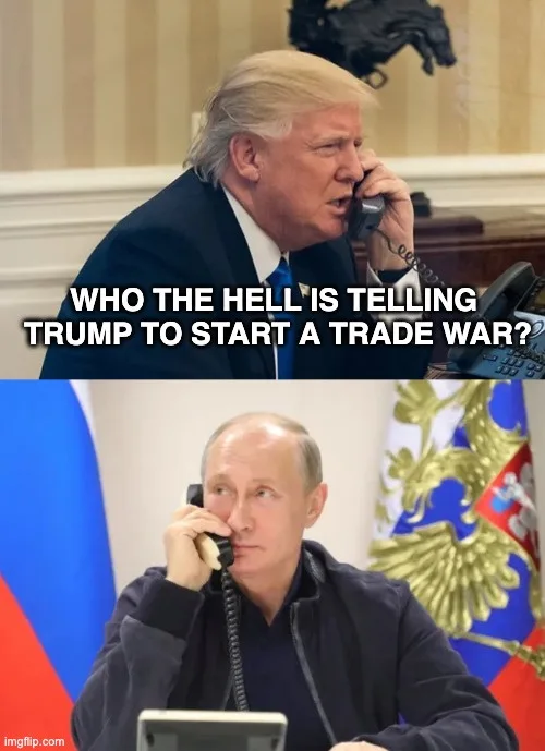 The image is a two-panel meme. The top panel shows Donald Trump on a phone call in an office, with the text 'WHO THE HELL IS…