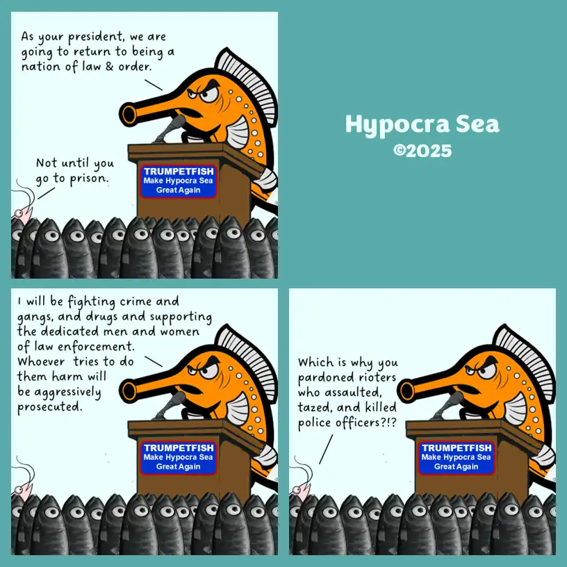 A four-panel political cartoon features an orange trumpetfish giving a speech from a podium labeled 'TRUMPETFISH Make…