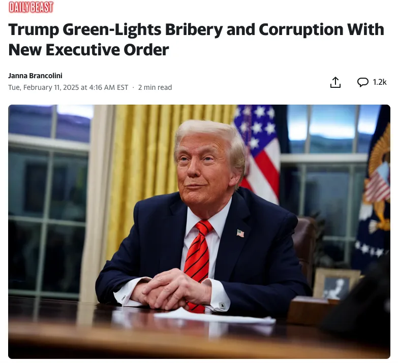 A screenshot of a Daily Beast article from February 11, 2025, featuring a photo of Donald Trump seated at a desk in an…