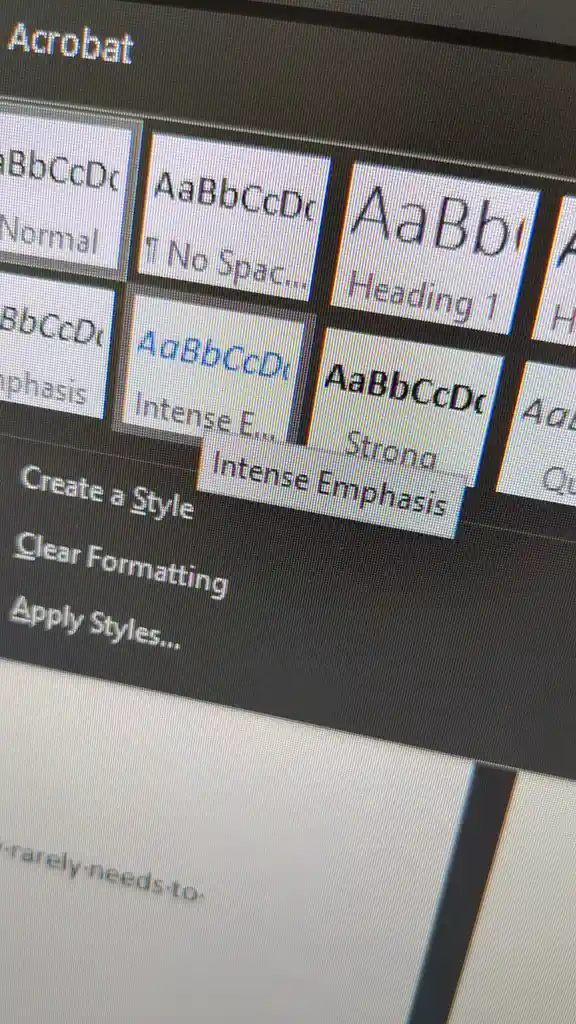 A close-up screenshot of Adobe Acrobat's text style menu, highlighting the 'Intense Emphasis' option, which is visibly…