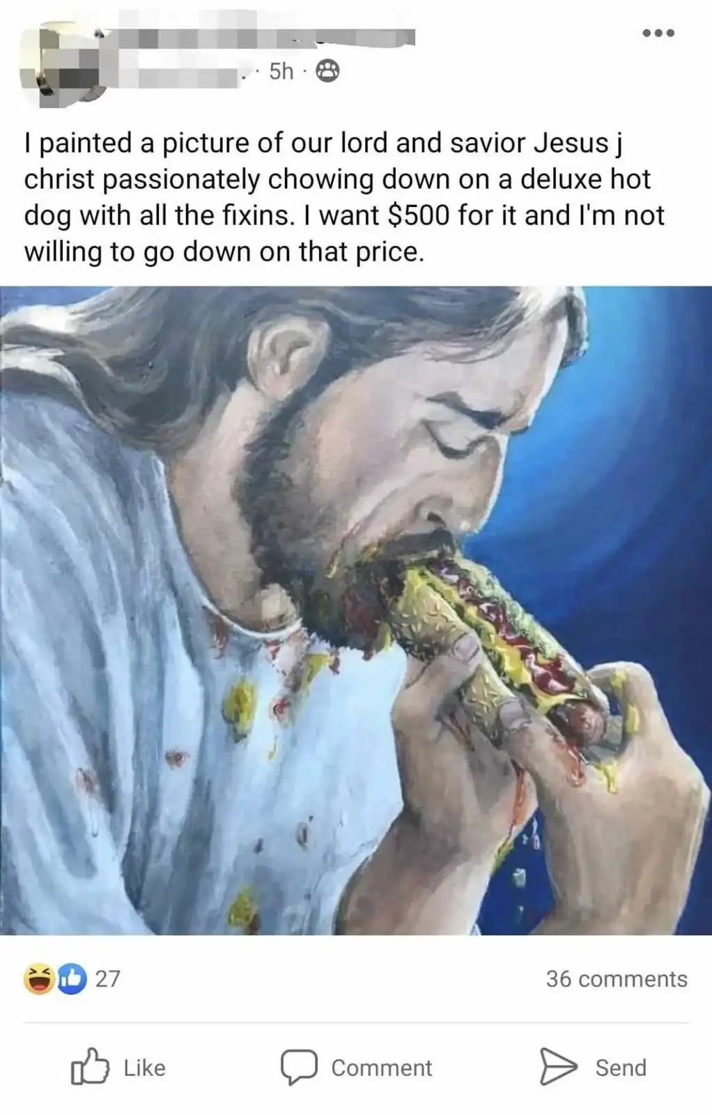 A painting depicts a man resembling Jesus Christ with long hair and a beard, passionately eating a hot dog covered in…