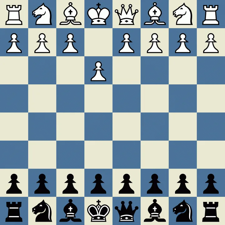 A chessboard image showing a complex mid-game position with pieces from both sides still on the board, featuring a dark…