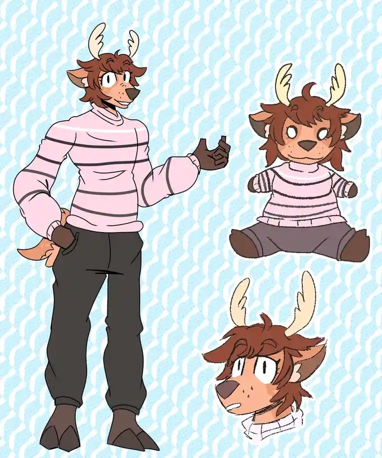 An anthropomorphic deer character in a pink striped shirt and dark pants stands confidently, gesturing toward three smaller…