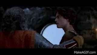 A six-panel GIF sequence from the 1995 film 'The Princess Bride' shows a young man in medieval attire initially looking out…