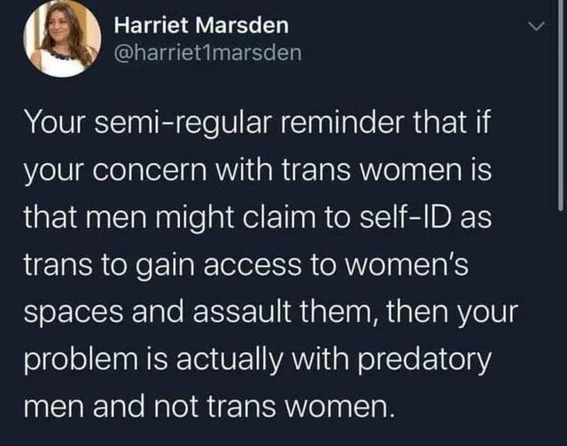 A screenshot of a tweet by Harriet Marsden showing white text on a dark background. The tweet reads: 'Your semi-regular…