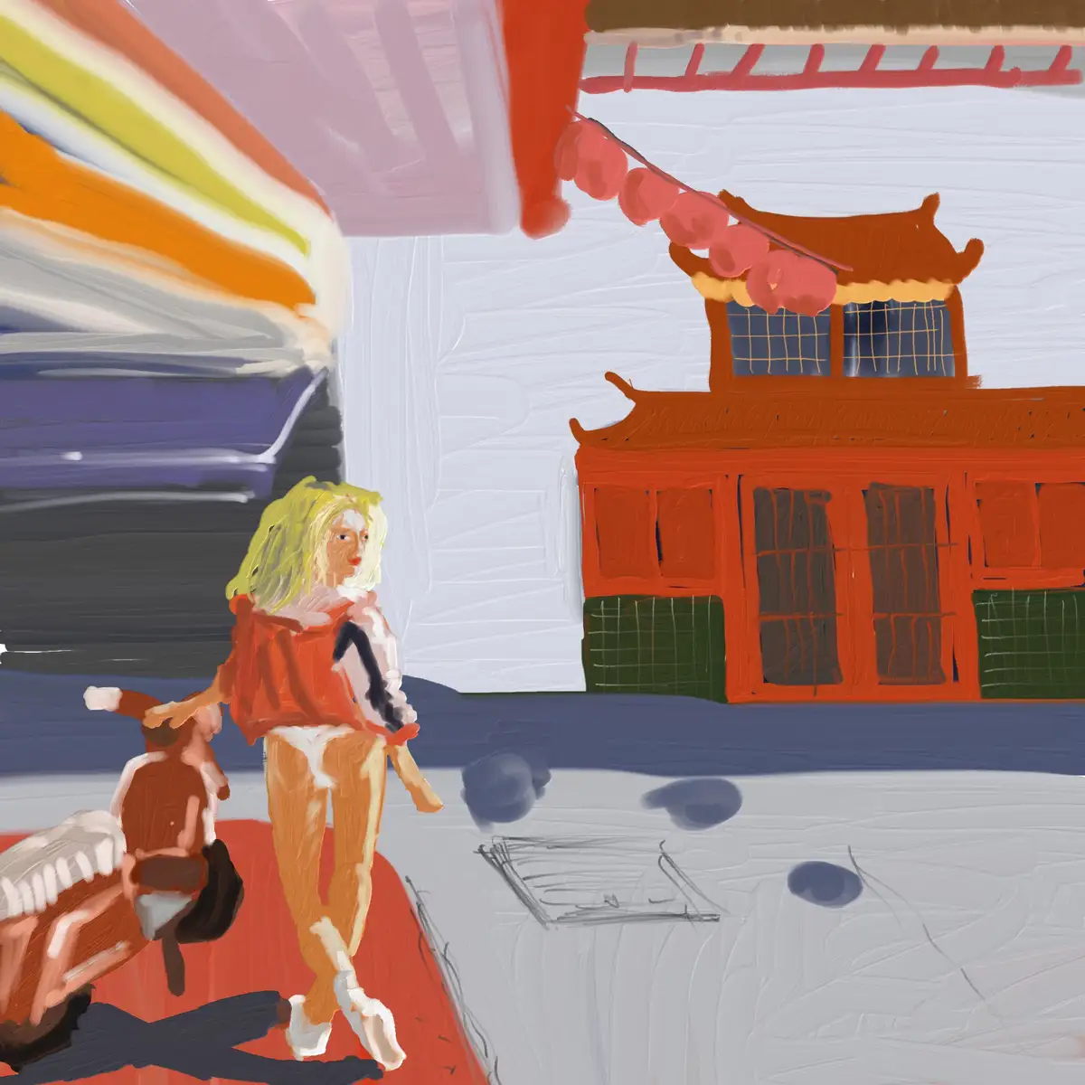 A stylized painting shows a blonde woman walking past a traditional Chinese-style building with red lanterns, while a…