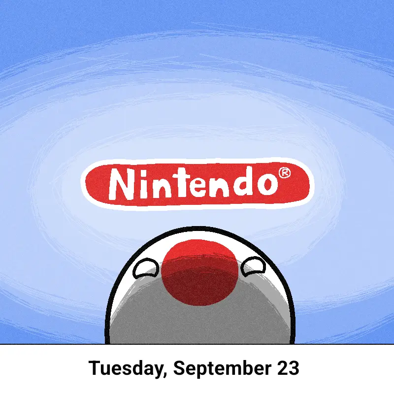 A cartoon character with a red dot on its forehead looks up at a floating red Nintendo logo against a swirling blue…