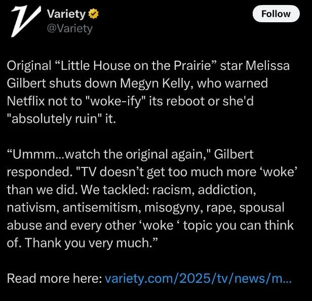 A screenshot of a Variety article tweet showing a quote from Melissa Gilbert, original 'Little House on the Prairie' star…