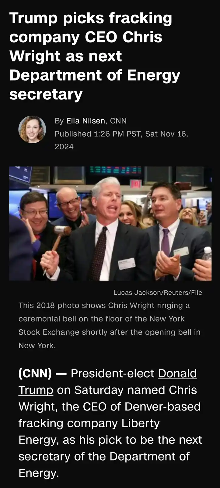 The image displays a 2018 photo of Chris Wright ringing a ceremonial bell at the New York Stock Exchange, surrounded by…