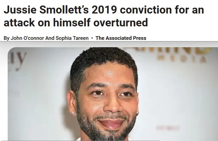 A news article headline reads 'Jussie Smollett's 2019 conviction for an attack on himself overturned' above a photo of…