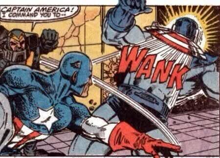 A comic book panel shows Captain America lunging forward with his shield, striking an opponent who is depicted as a large…