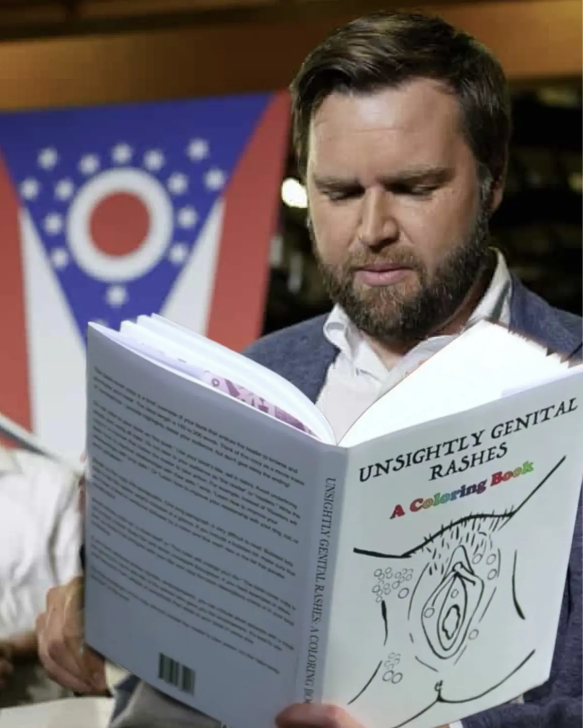 A man with a beard and suit jacket is shown reading a book titled 'UNSIGHTLY GENITAL RASHES A Coloring Book', which features…