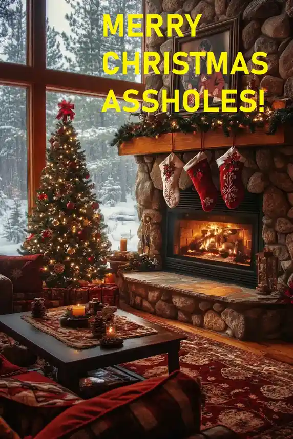 A cozy, festive living room with a stone fireplace, lit Christmas tree, and snowy window view, overlaid with bold yellow…