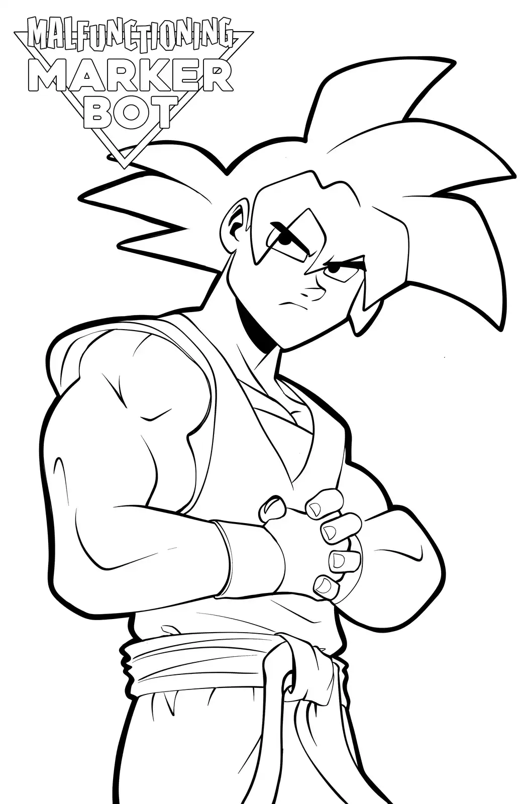 A black-and-white line art coloring page of the anime character Goku in a stern, arms-crossed pose. Above his head is a…