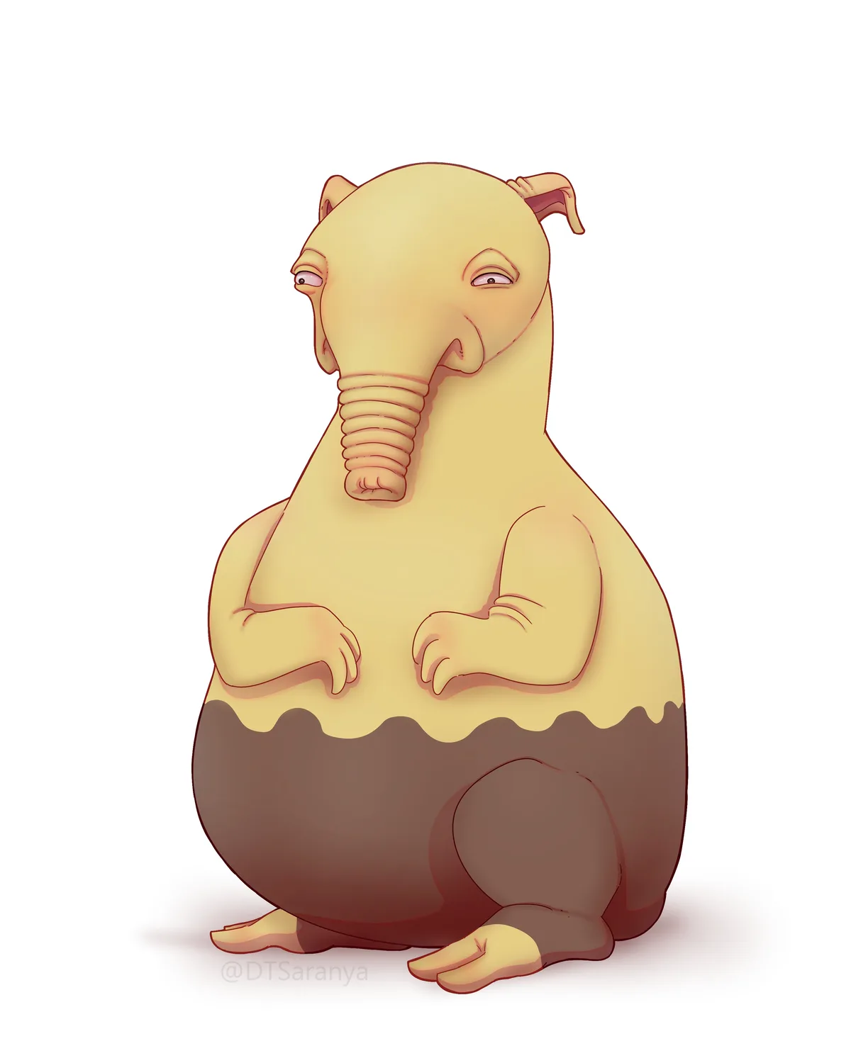 A cartoonish, yellow-skinned, elephant-like creature with a trunk and small ears sits upright with arms crossed, looking…