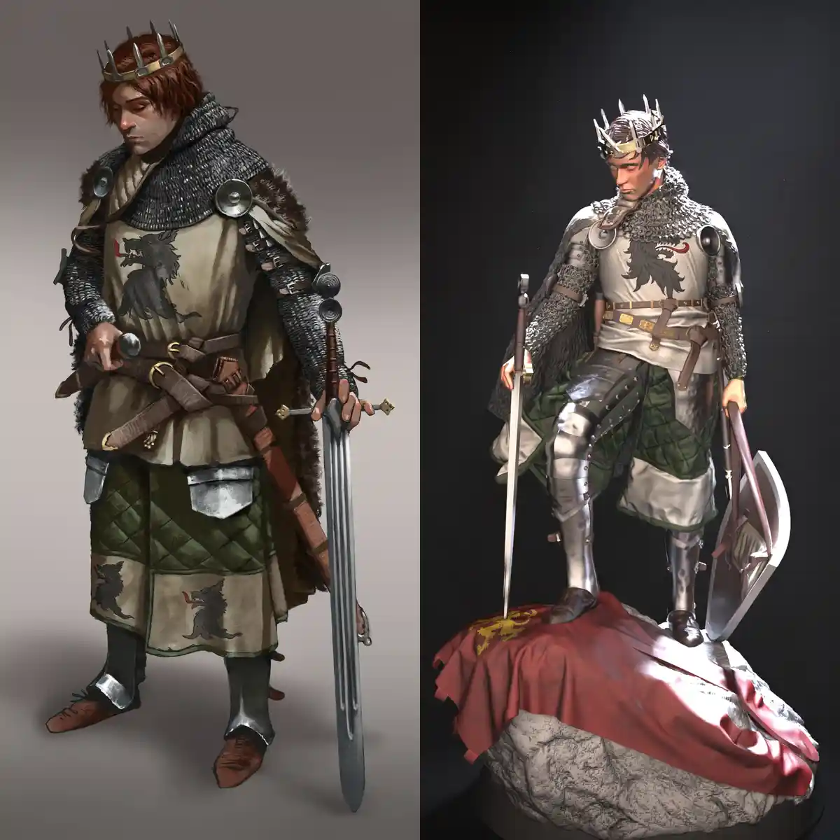 The image displays two side-by-side depictions of the same medieval-style king. On the left, he is shown as a full-body…