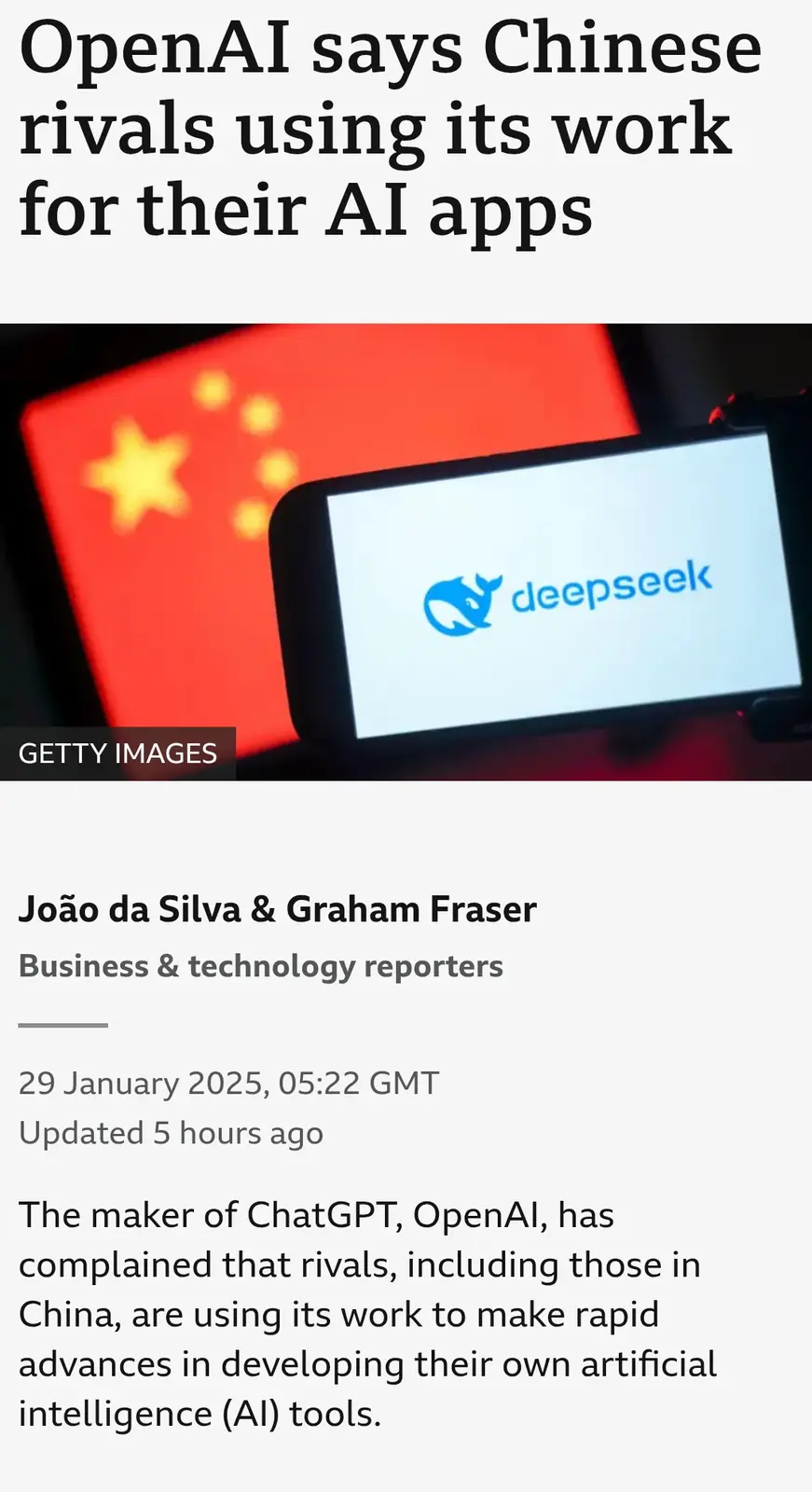 The image shows a smartphone displaying the DeepSeek logo, positioned in front of a blurred Chinese flag. The overlaid text…