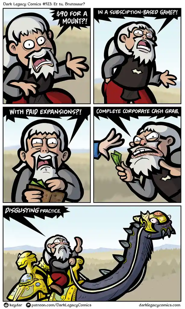 A comic strip shows a furious, bearded man reacting to a $90 mount purchase in a game, calling it a 'corporate cash grab'…