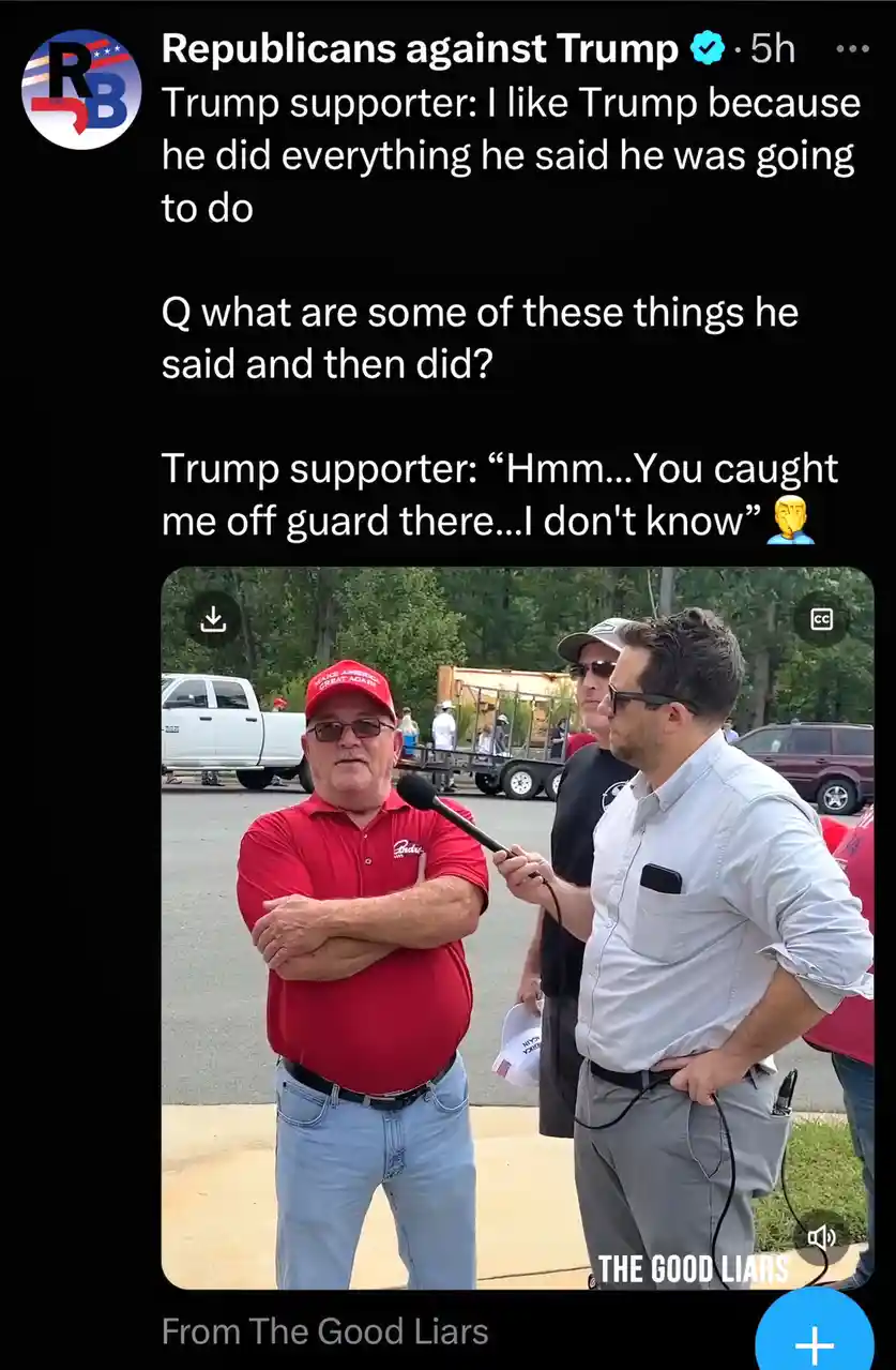 A screenshot of a social media post from 'Republicans against Trump' shows a man in a red 'Make America Great Again' cap and…