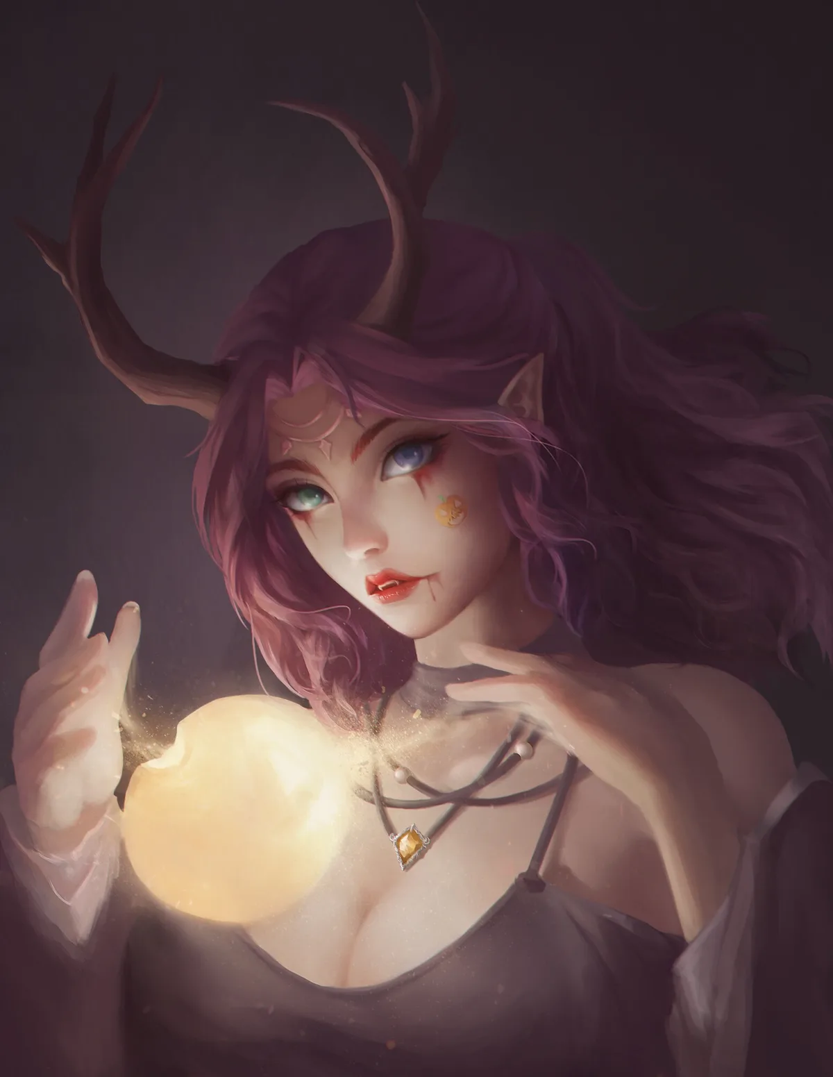 A fantasy illustration of a woman with purple hair, deer antlers, and pointed ears, holding a glowing orb. She has a small…