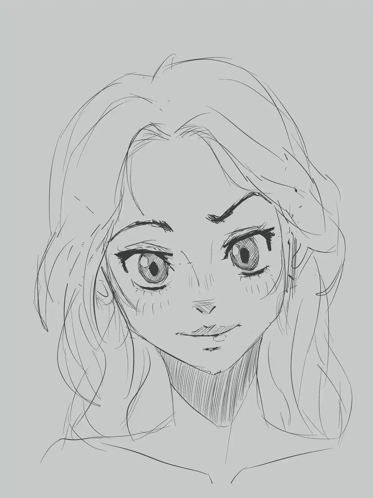 A grayscale line art sketch of an anime-style female character with large, expressive eyes and a subtle, slightly unsettling…