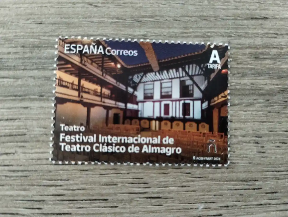 A Spanish postage stamp from Correos featuring the Teatro Festival Internacional de Teatro Clásico de Almagro, showing an…