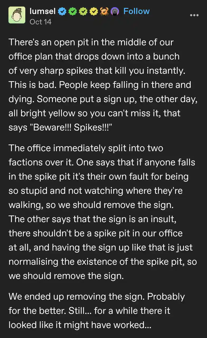 A screenshot of a social media post describing a fictional office with a deadly spike pit. The post explains that a bright…